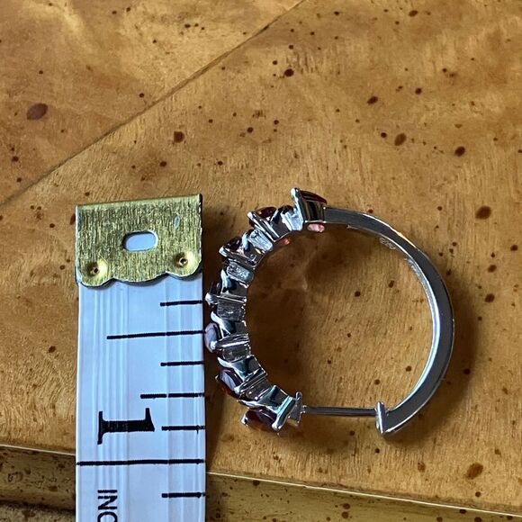 Natural Red Garnet Sterling Silver Hoop Earrings - Picture 4 of 9